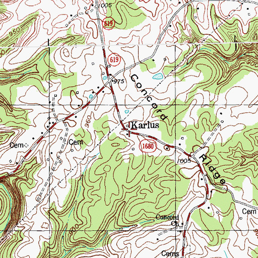 Topographic Map of Karlus, KY