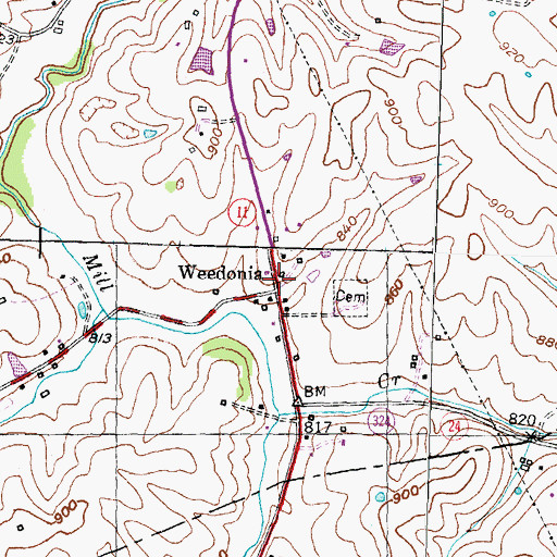 Topographic Map of Weedonia, KY