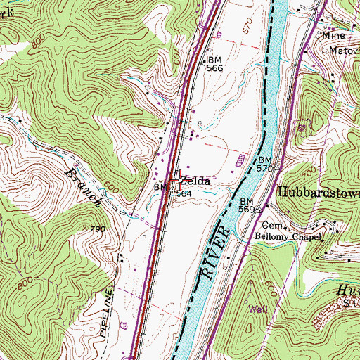 Topographic Map of Zelda, KY