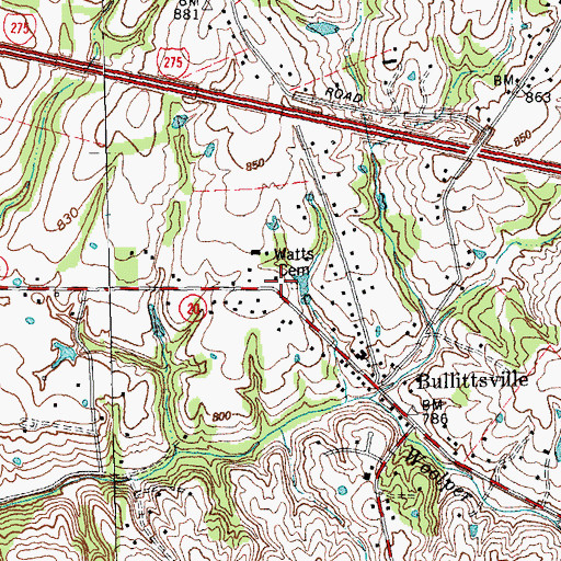 Topographic Map of Watts Cemetery, KY