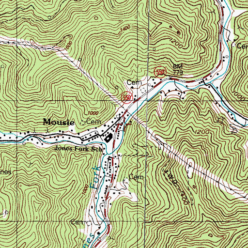 Topographic Map of Mousie Baptist Church, KY