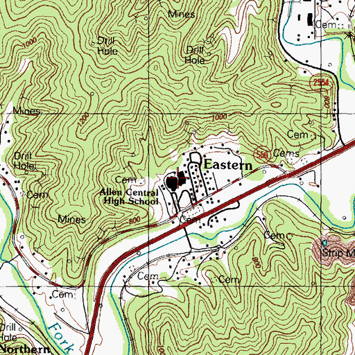 Topographic Map of Allen Central High School, KY