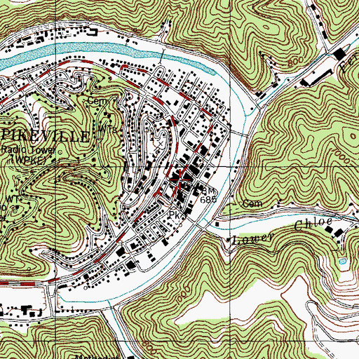 Topographic Map of Pikeville, KY