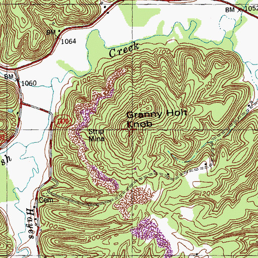 Topographic Map of Granny Holt Knob, KY