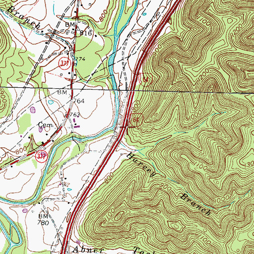 Topographic Map of Harvey Branch, KY