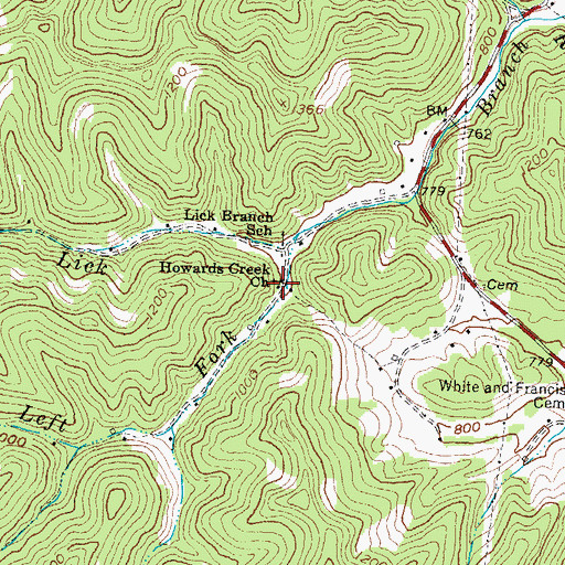 Topographic Map of Howards Creek Church, KY