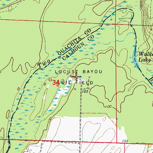 Topographic Map of Locust Bayou Oil Field, AR