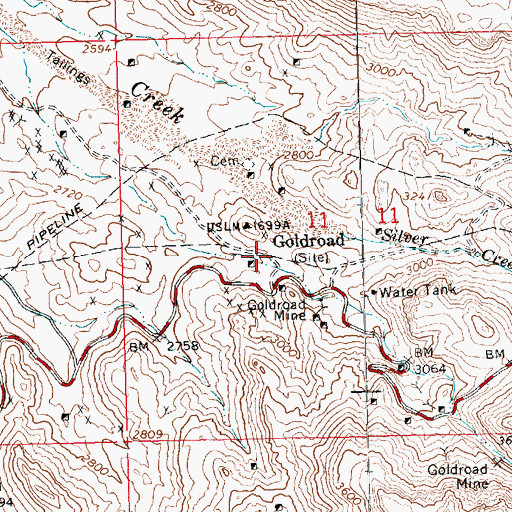 Topographic Map of Goldroad, AZ