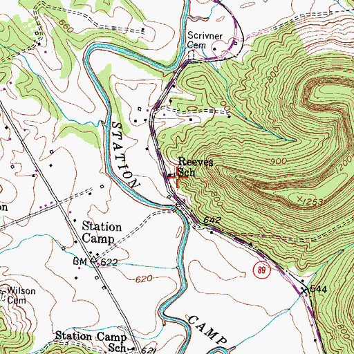 Topographic Map of Reeves School, KY