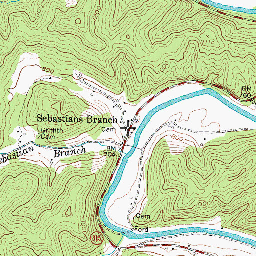 Topographic Map of Sebastians Branch, KY