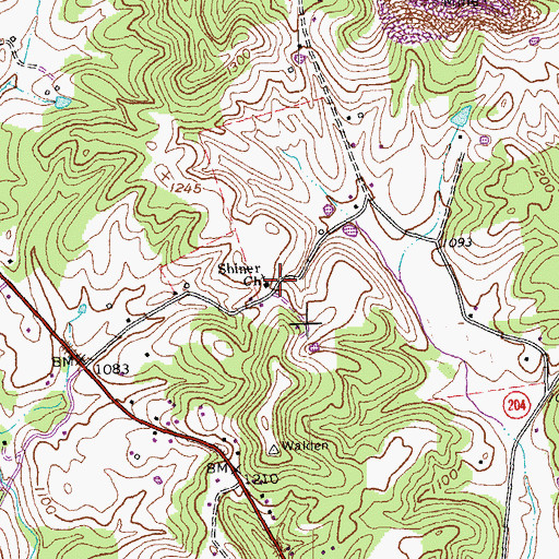 Topographic Map of Shiner Church, KY