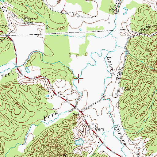 Topographic Map of South Fork Upper Spruce Creek, KY