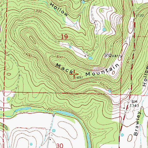 Topographic Map of Mack Mountain, AR