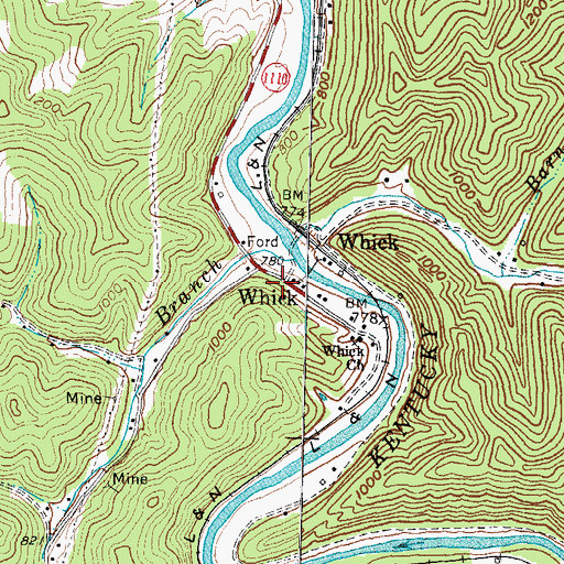 Topographic Map of Whick, KY