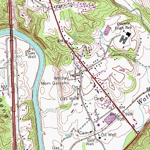 Topographic Map of Whitley Memorial Gardens, KY