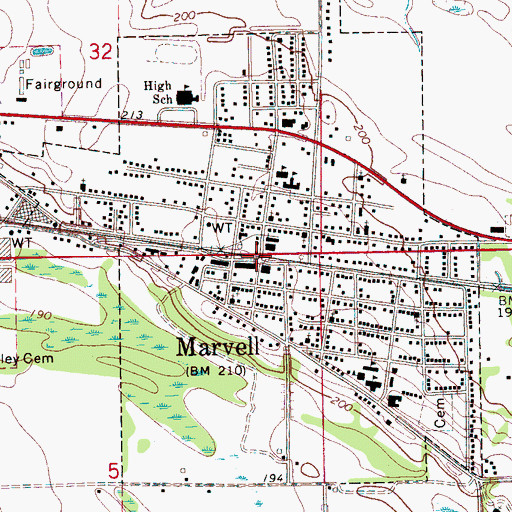Topographic Map of Marvell, AR