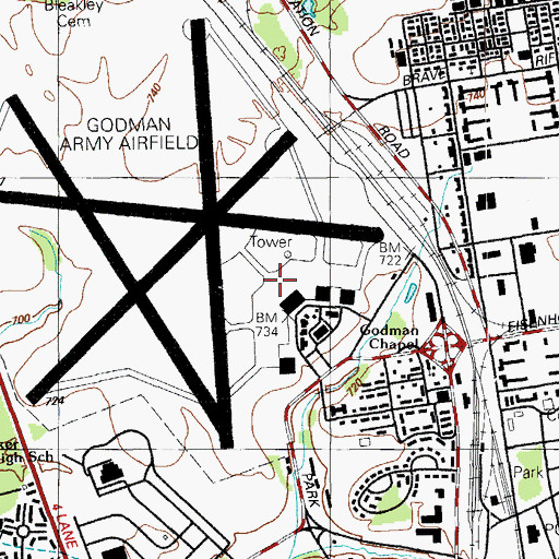 Topographic Map of Godman Army Airfield, KY