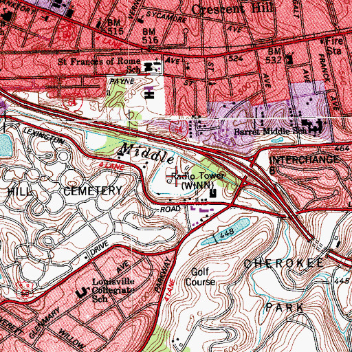 Topographic Map of WLLV-AM (Louisville), KY