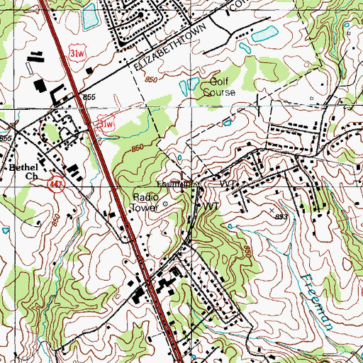 Topographic Map of WKUE-FM (Elizabethtown), KY