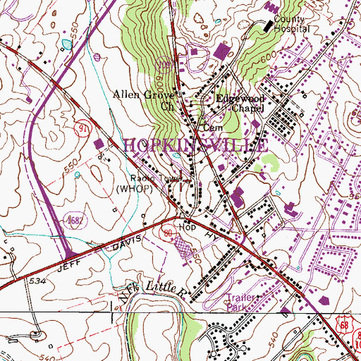 Topographic Map of WHOP-FM (Hopkinsville), KY