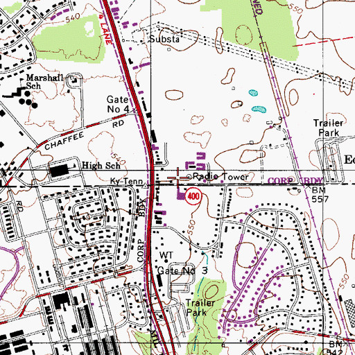 Topographic Map of WABD-AM (Fort Campbell), KY