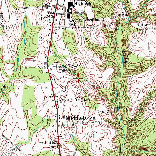 Topographic Map of WJKY-AM (Jamestown), KY