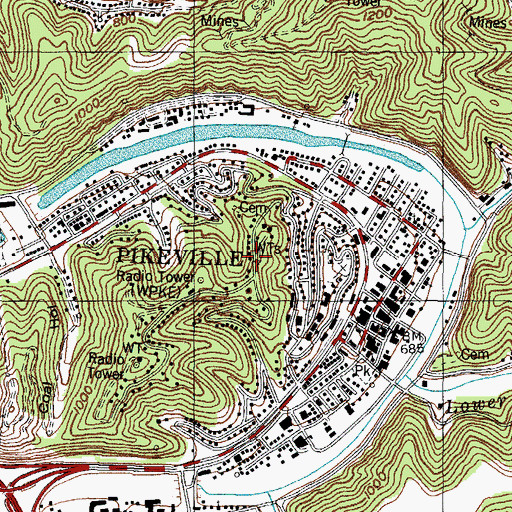 Topographic Map of WPKE-AM (Pikeville), KY