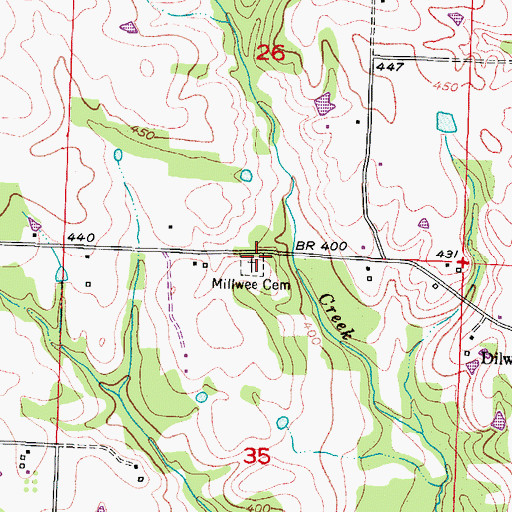 Topographic Map of Millwee Cemetery, AR