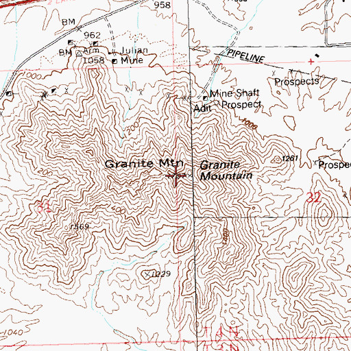 Topographic Map of Granite Mountain, AZ