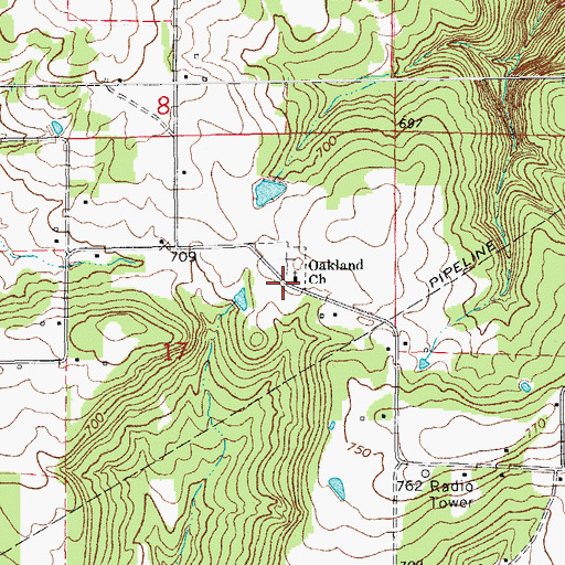 Topographic Map of Oakland Church, AR
