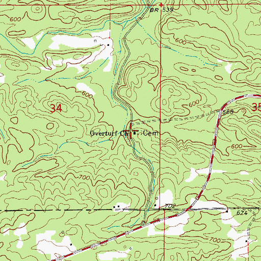 Topographic Map of Overturf Church, AR