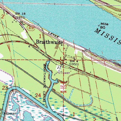 Topographic Map of Braithwaite, LA