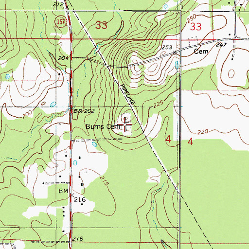 Topographic Map of Burns Cemetery, LA