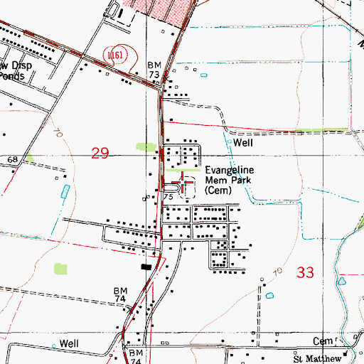 Topographic Map of Evangeline Memorial Park, LA