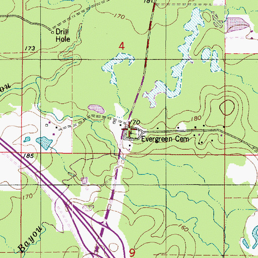 Topographic Map of Evergreen Cemetery, LA