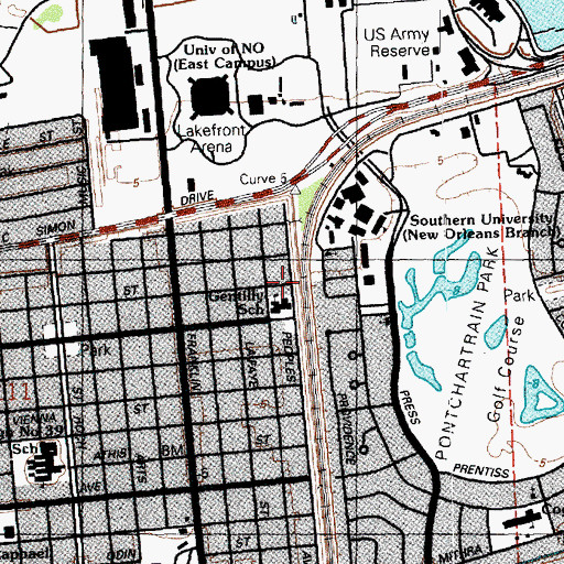 Topographic Map of Gentilly School, LA