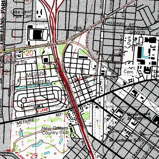 Topographic Map of Greenwood Cemetery, LA