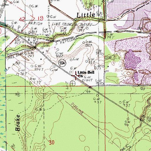 Topographic Map of Little Bell Church, LA