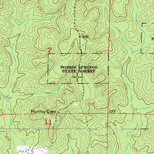 Topographic Map of Poison Springs State Forest, AR