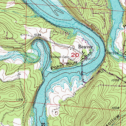 Topographic Map of Poker Bluff, AR