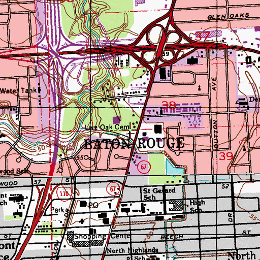 Topographic Map of Live Oak Cemetery, LA