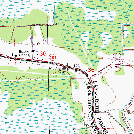 Topographic Map of Matherne Cemetery, LA