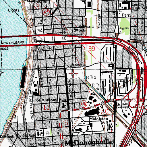 Topographic Map of McDonoghville Cemetery, LA