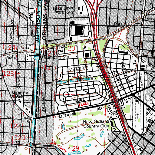 Topographic Map of Metairie Cemetery, LA