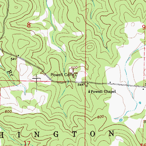 Topographic Map of Powell Cemetery, AR