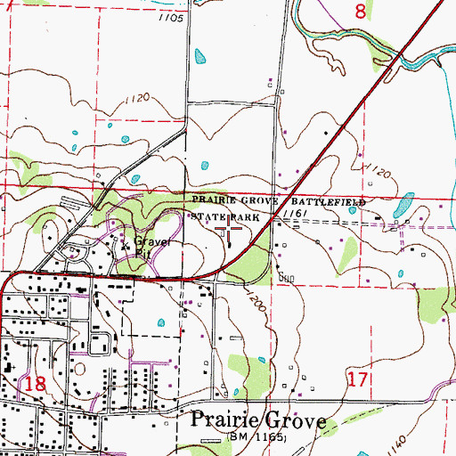 Topographic Map of Prairie Grove Battlefield State Park, AR