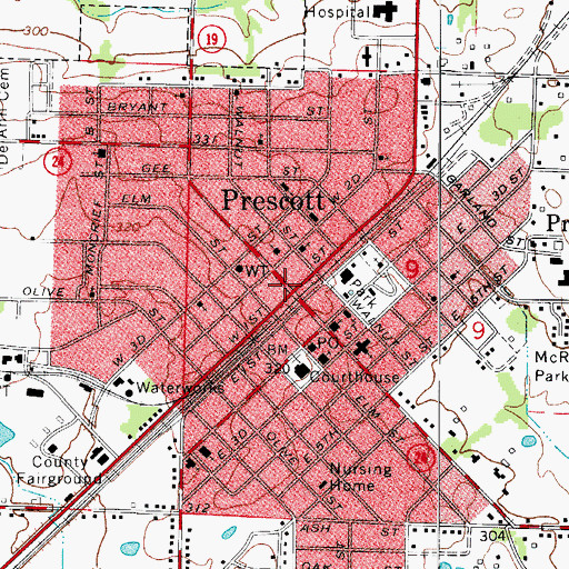 Topographic Map of Prescott, AR