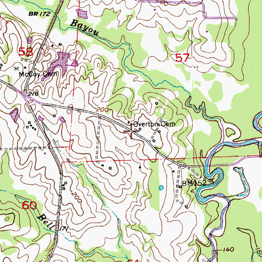 Topographic Map of Overton Cemetery, LA
