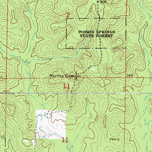 Topographic Map of Purifoy Cemetery, AR