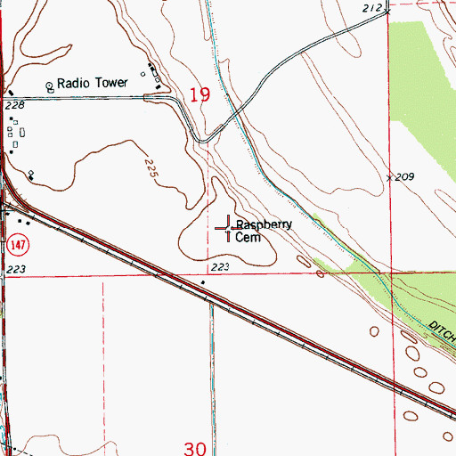 Topographic Map of Raspberry Cemetery, AR